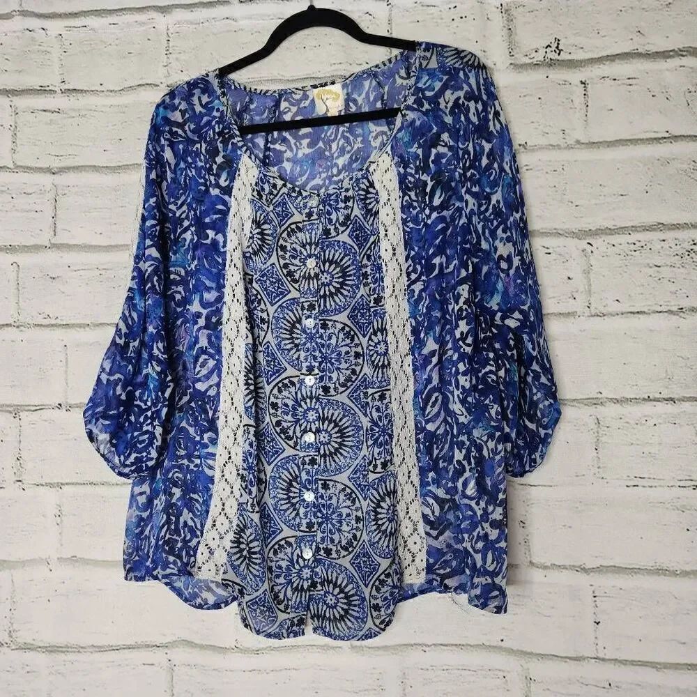 Fig and Flower Womens Blue Multi Pattern 3/4 Sleeves Boho Tunic Lace Blouse 1X